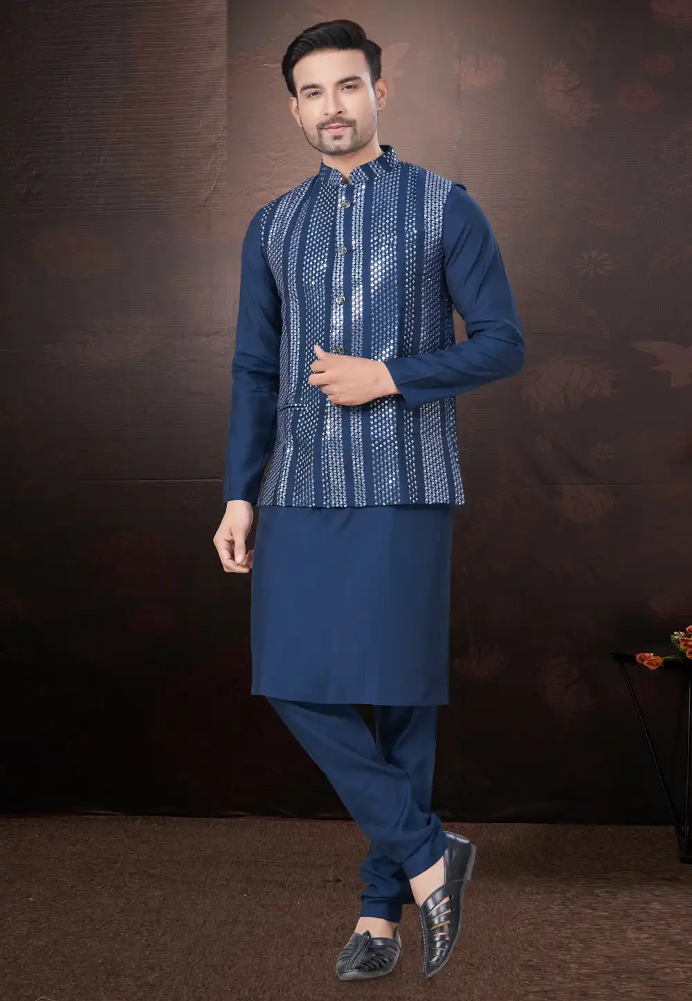 Navy Blue Silk Kurta Pajama With Jacket 291312