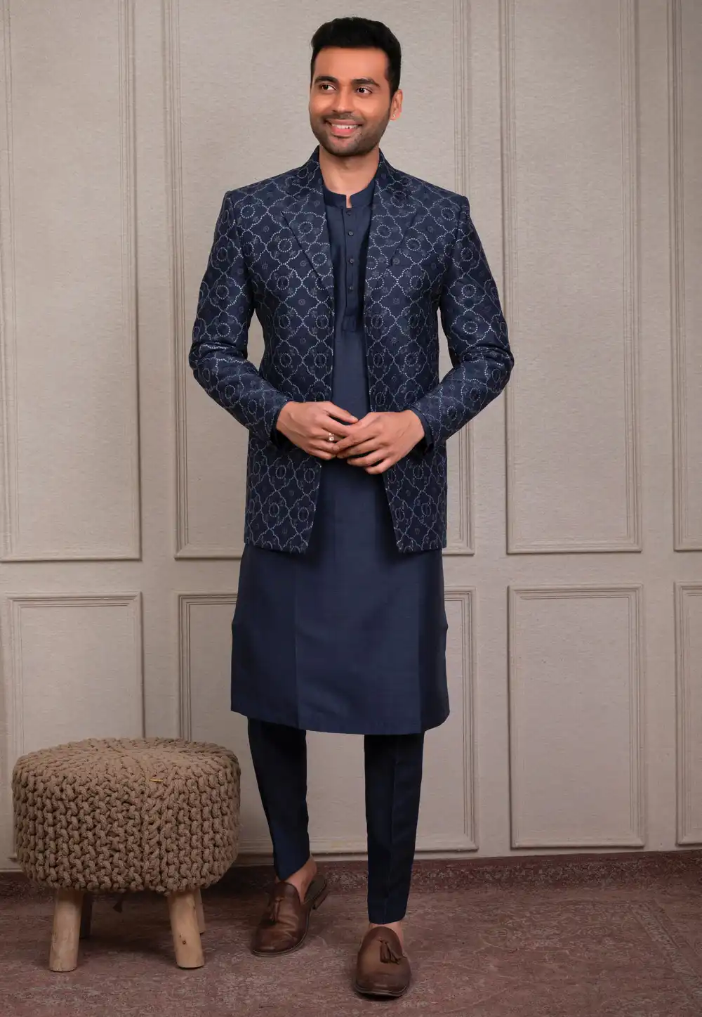 Navy Blue Silk Kurta Pajama With Jacket 293907