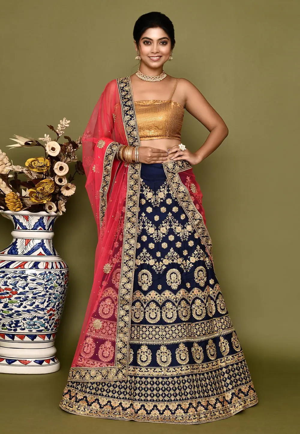 Navy Blue Silk Lehenga Choli 295805