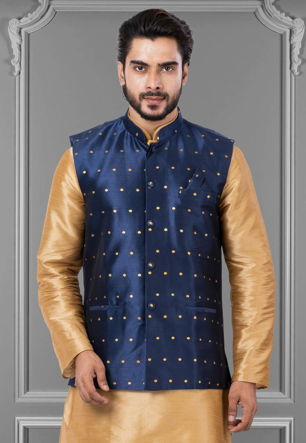 Navy Blue Silk Nehru Jacket 286955