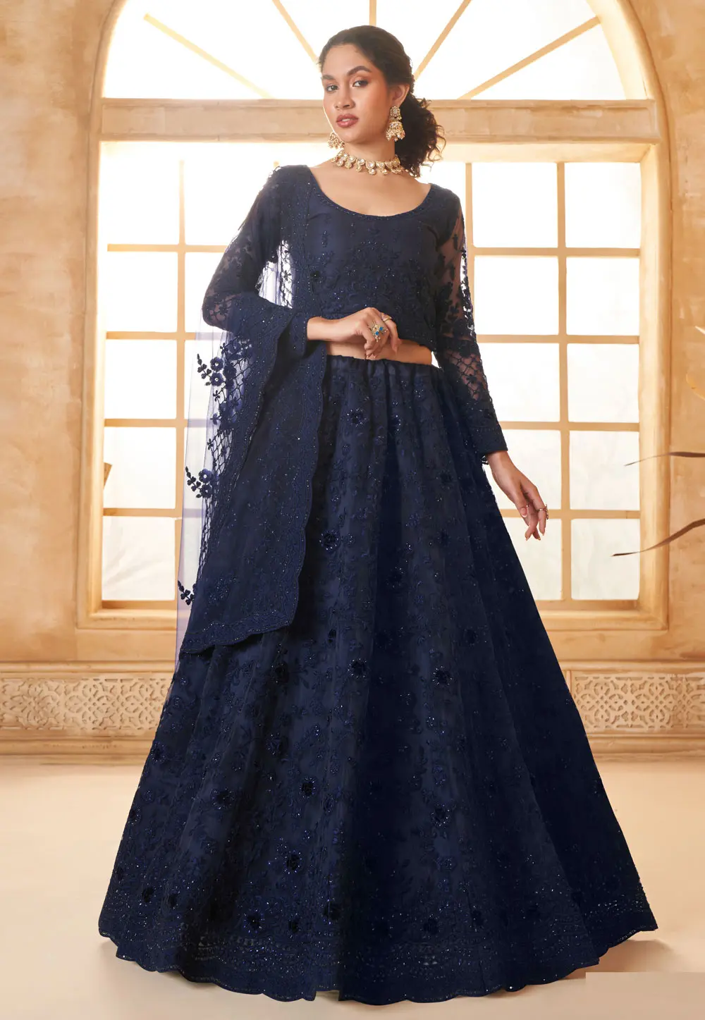 Navy Blue Silk Net Lehenga Choli 297595