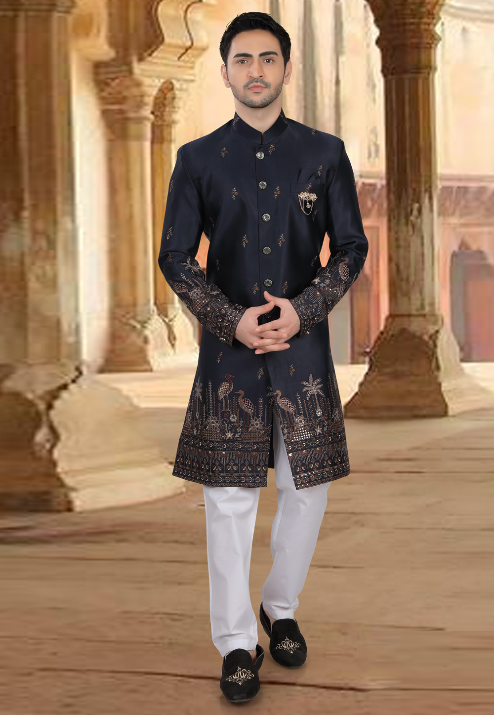 Navy Blue Silk Pakistani Sherwani 309084