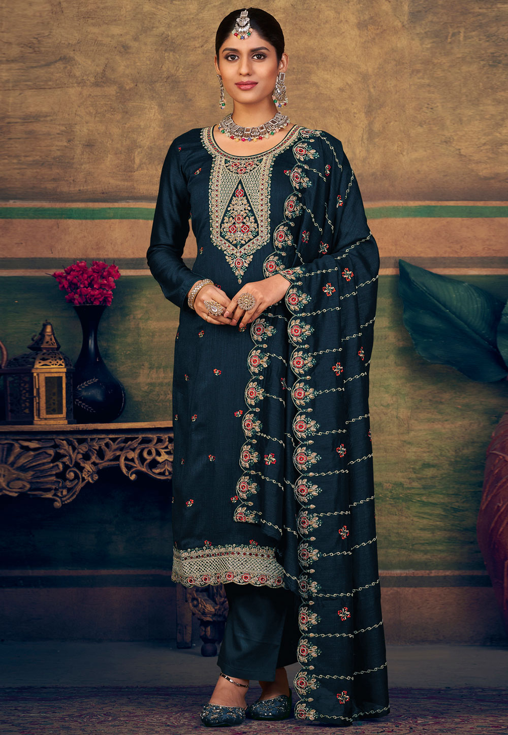 Navy Blue Silk Pakistani Suit 310583
