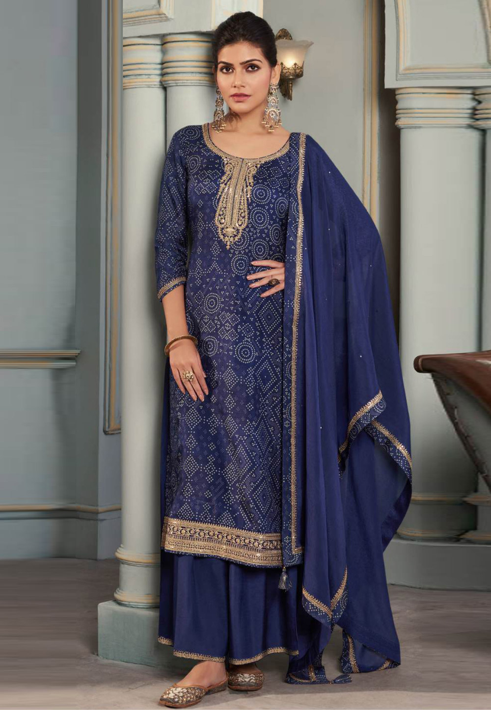 Navy Blue Silk Pakistani Suit 310909