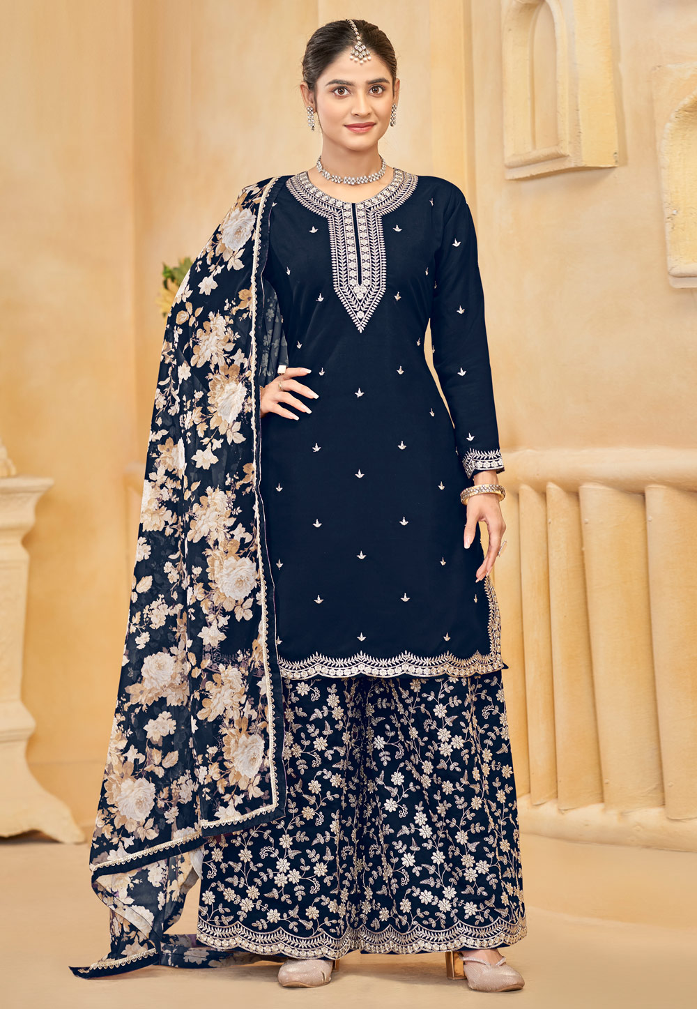 Navy Blue Silk Palazzo Suit 306308