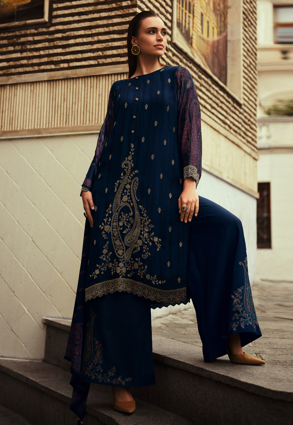 Navy Blue Silk Palazzo Suit 278496