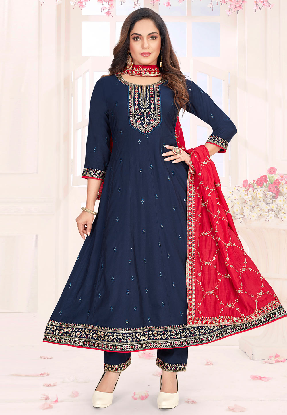 Navy Blue Silk Readymade Anarkali Suit 305043