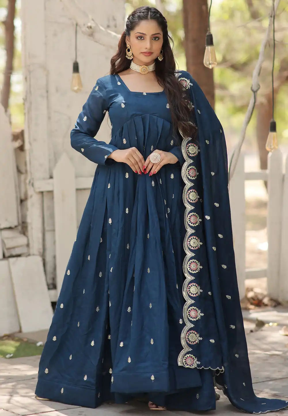 Navy Blue Silk Readymade Anarkali Suit 292061