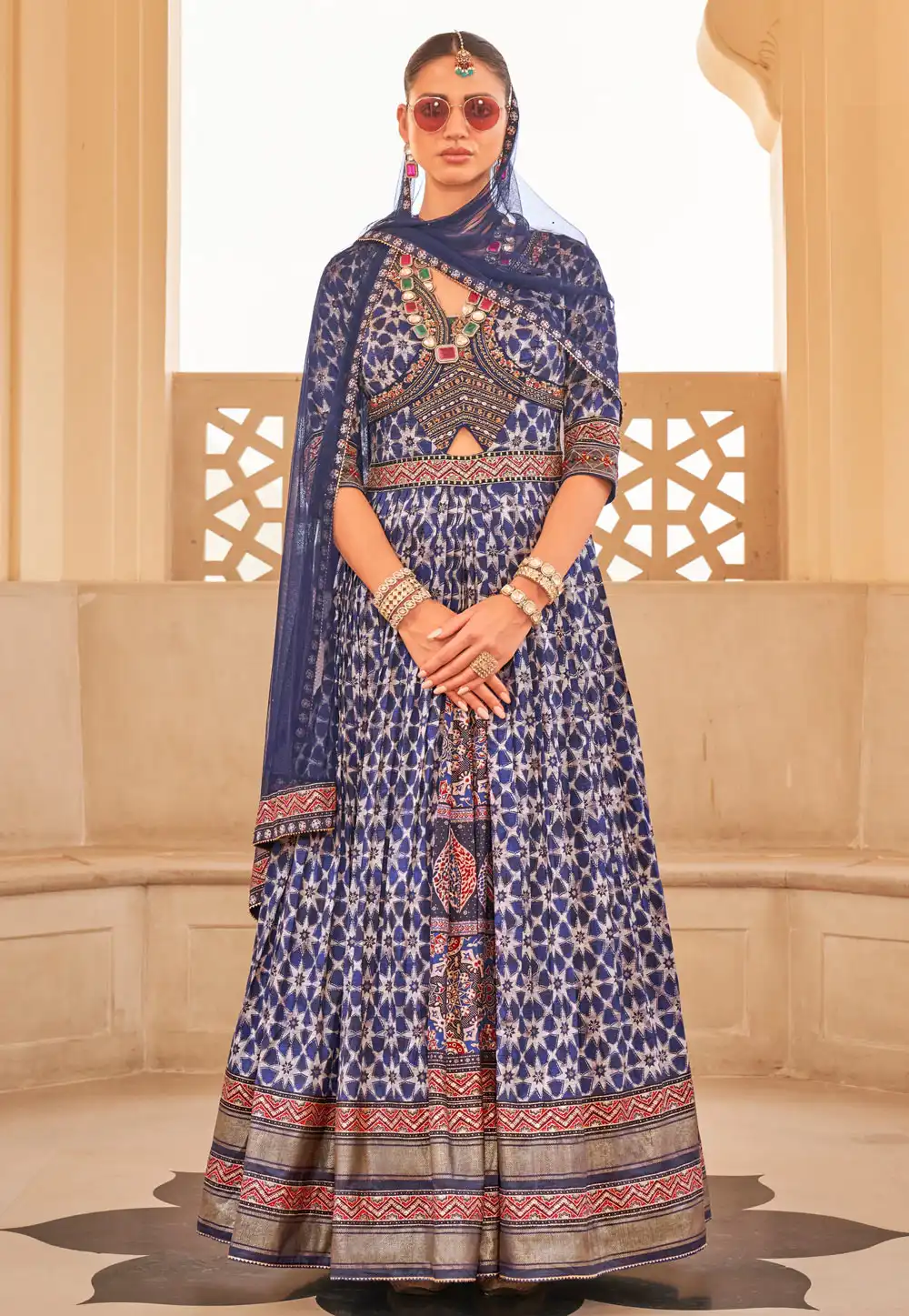 Navy Blue Silk Readymade Anarkali Suit 288784