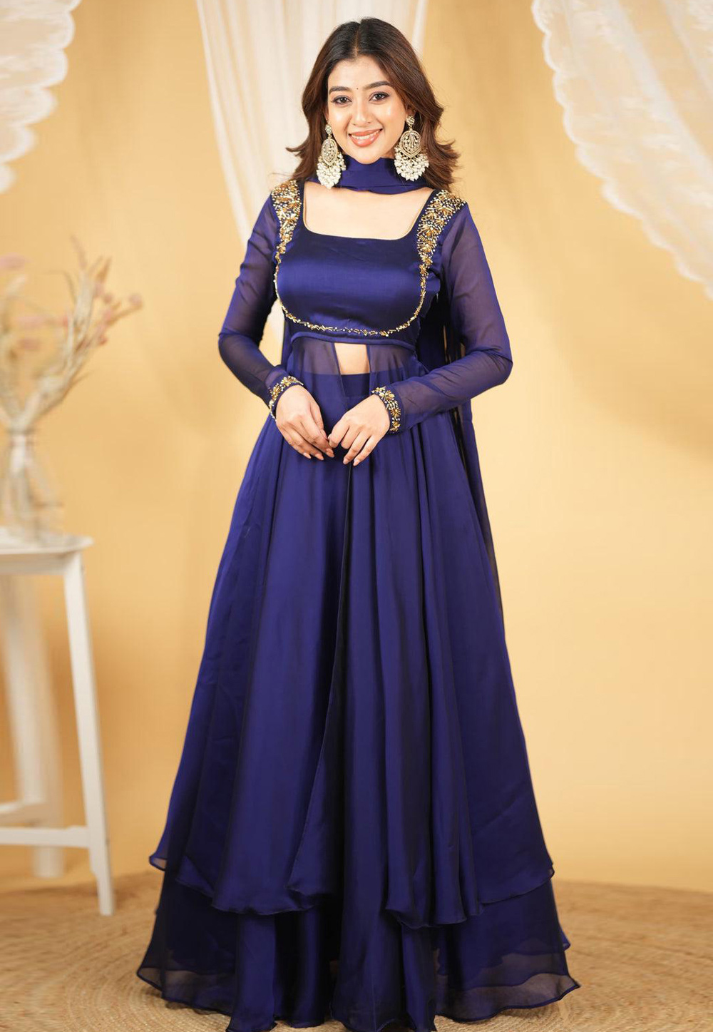 Navy Blue Silk Readymade Long Choli Lehenga 310369