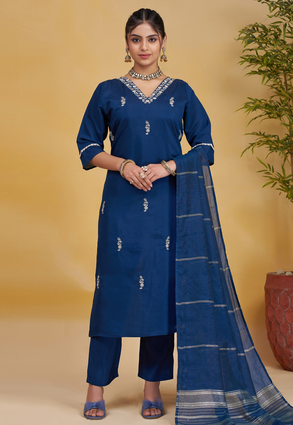 Navy Blue Silk Readymade Pakistani Suit 306267