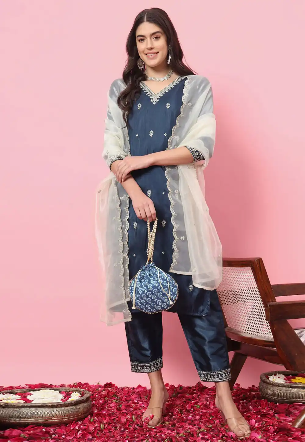 Navy Blue Silk Readymade Pakistani Suit 289358