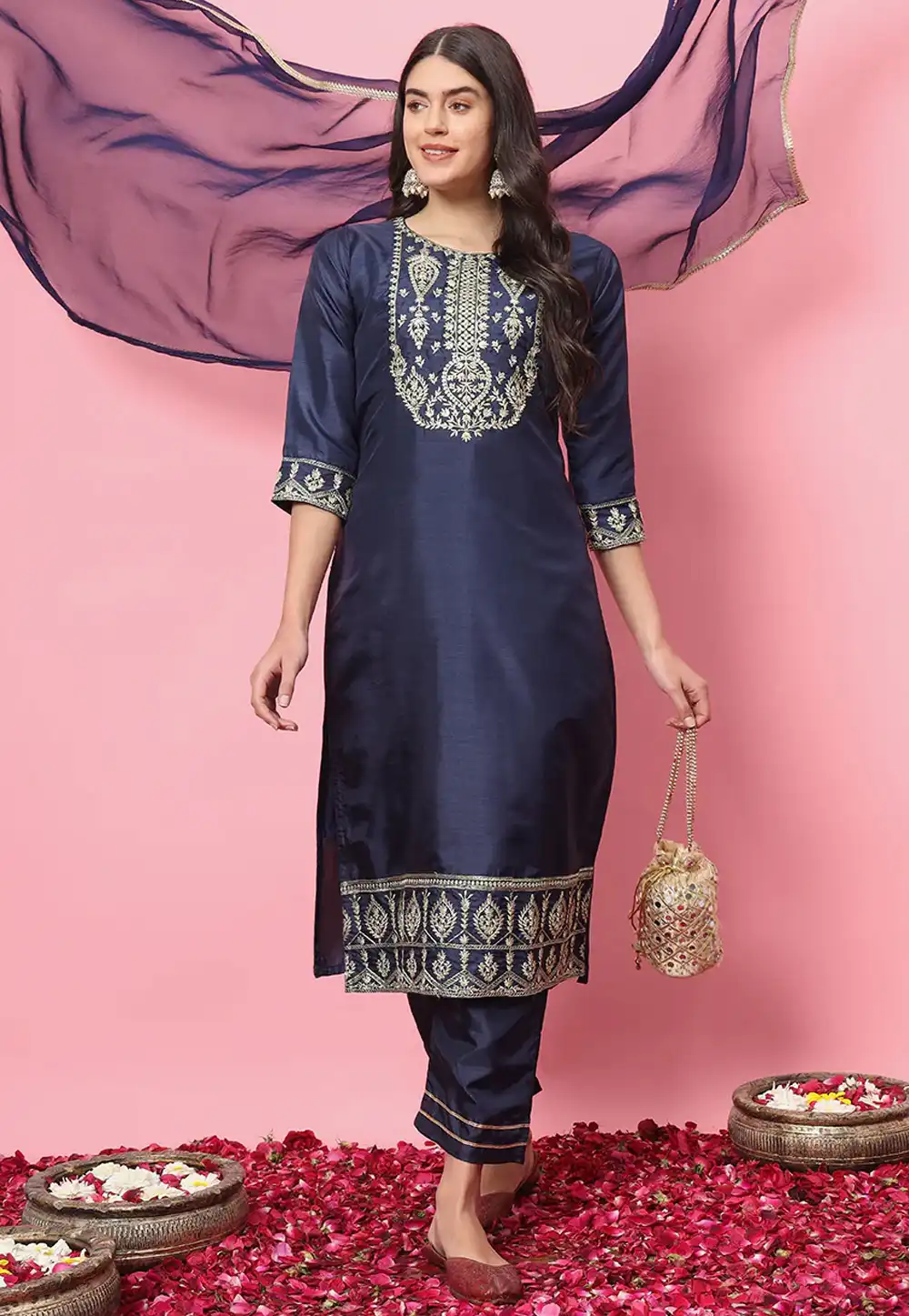 Navy Blue Silk Readymade Pakistani Suit 289469