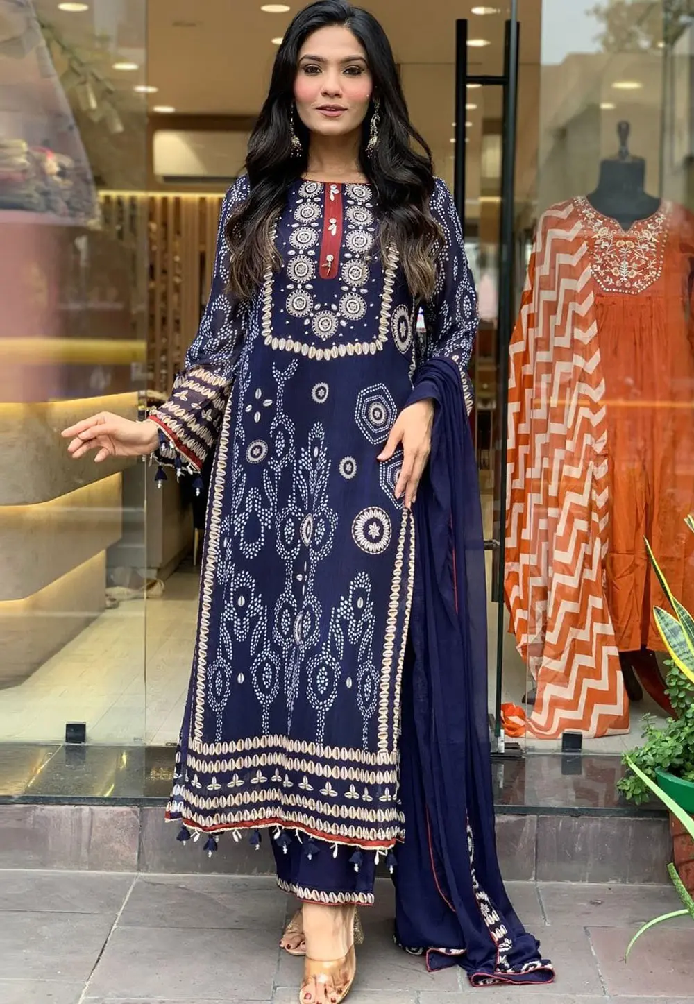 Navy Blue Silk Readymade Pakistani Suit 303692