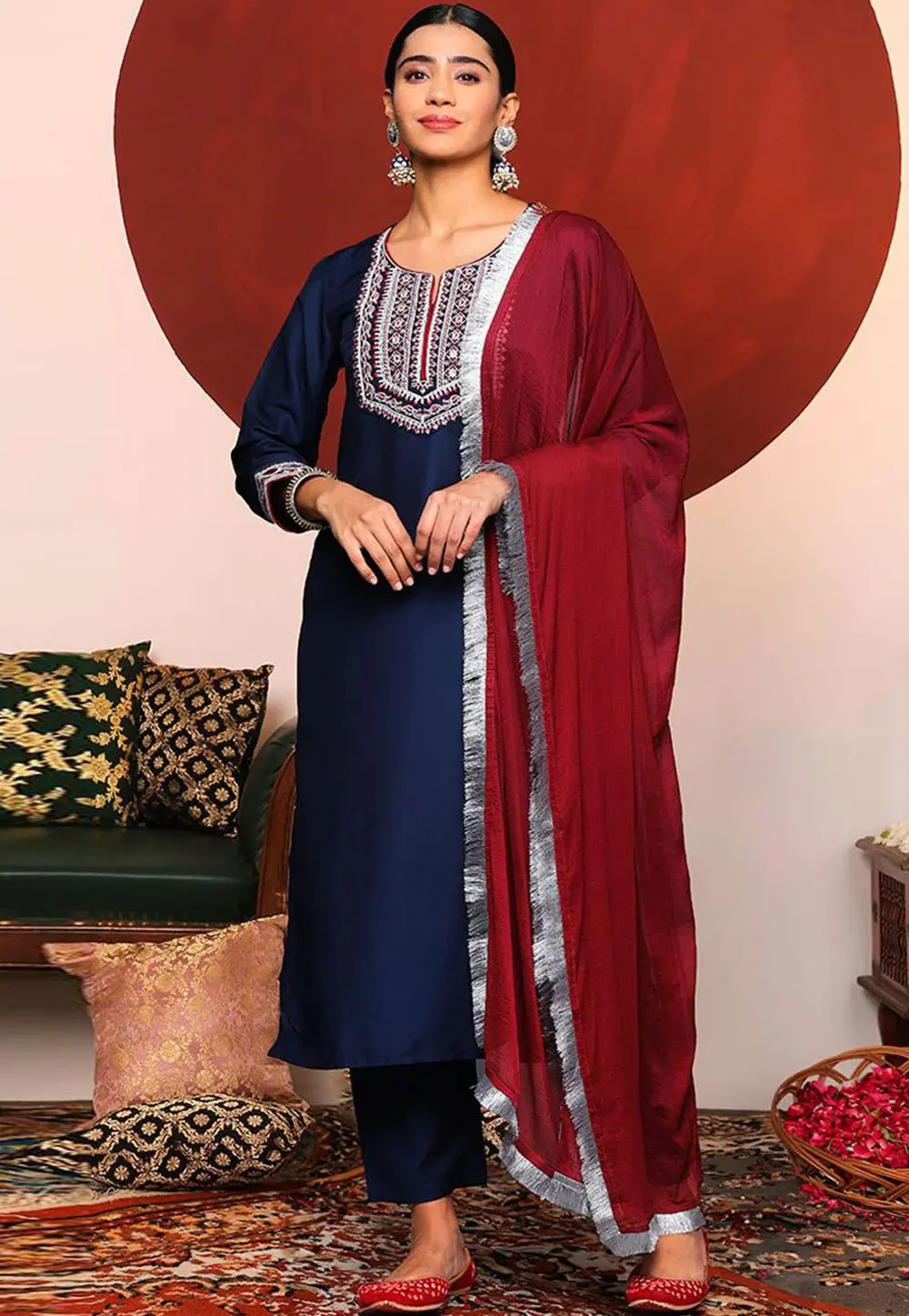 Navy Blue Silk Readymade Pakistani Suit 302867