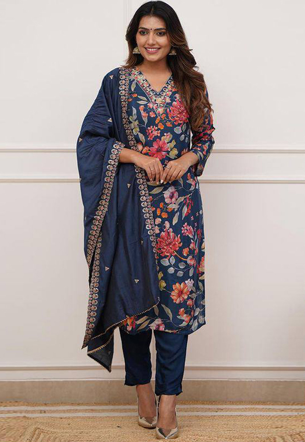 Navy Blue Silk Readymade Pakistani Suit 310889
