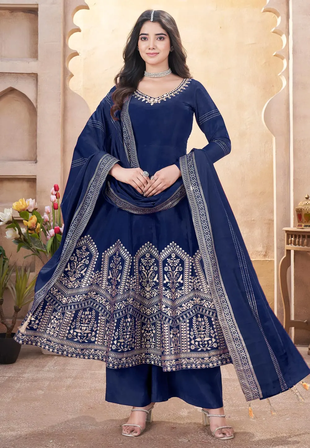 Navy Blue Silk Readymade Pakistani Suit 304052