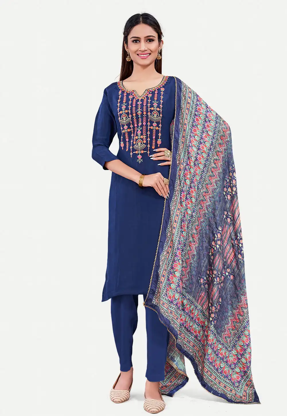 Navy Blue Silk Readymade Pakistani Suit 288170