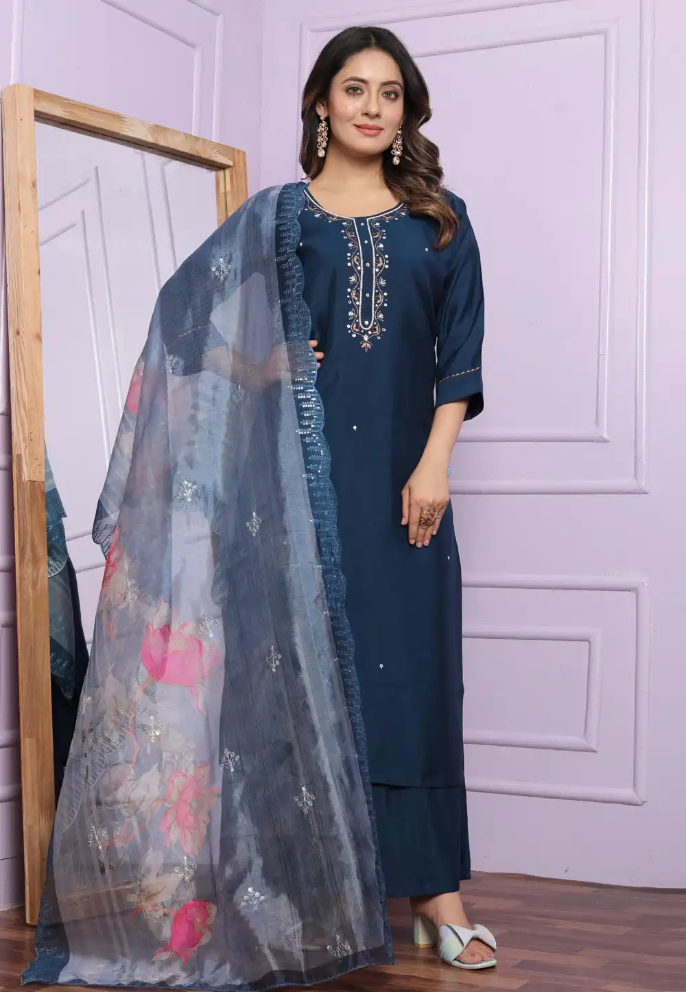 Navy Blue Silk Readymade Palazzo Suit 289448