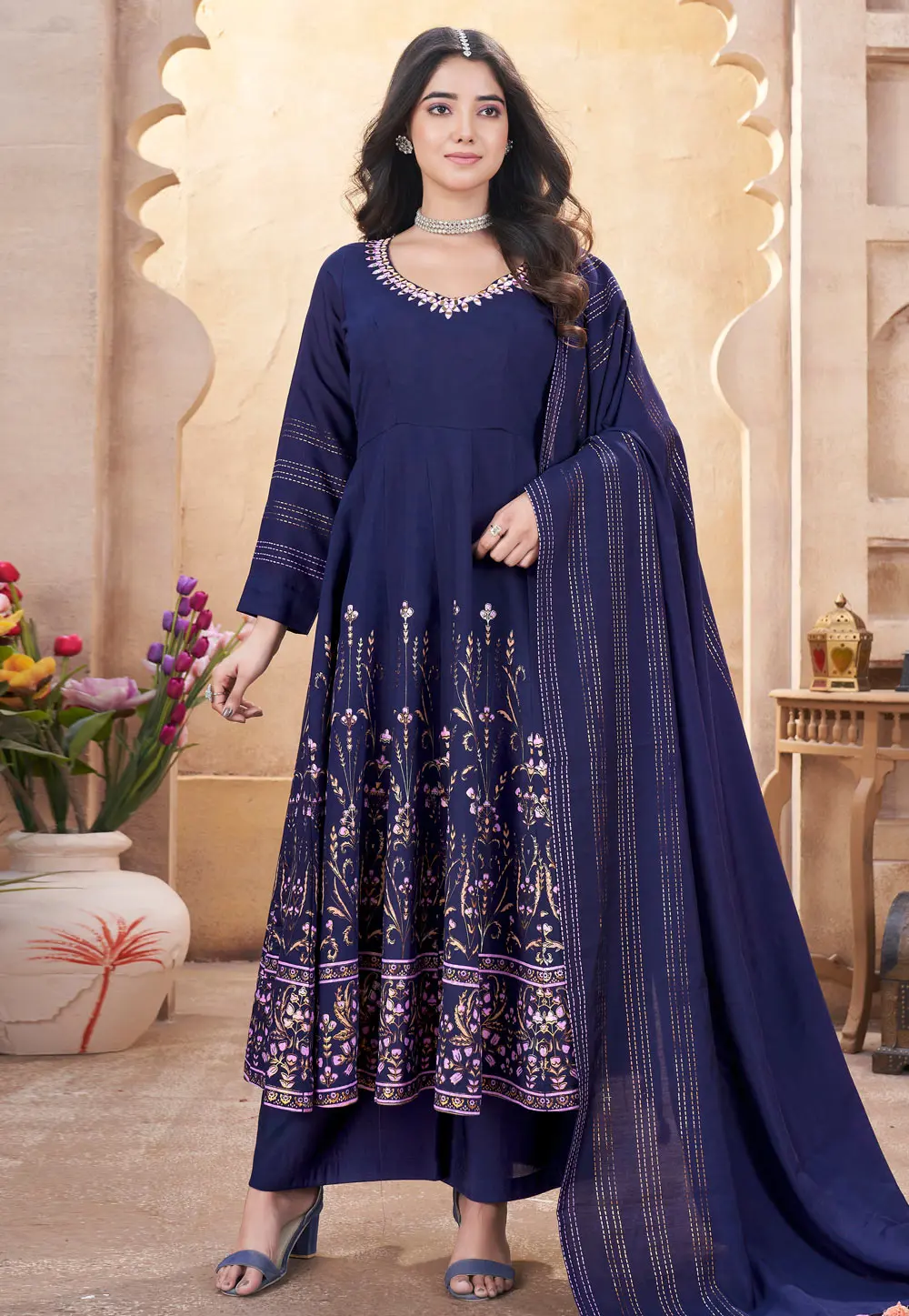 Navy Blue Silk Readymade Palazzo Suit 304796