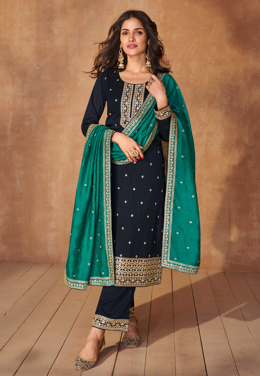 Navy Blue Silk Readymade Palazzo Suit 286666