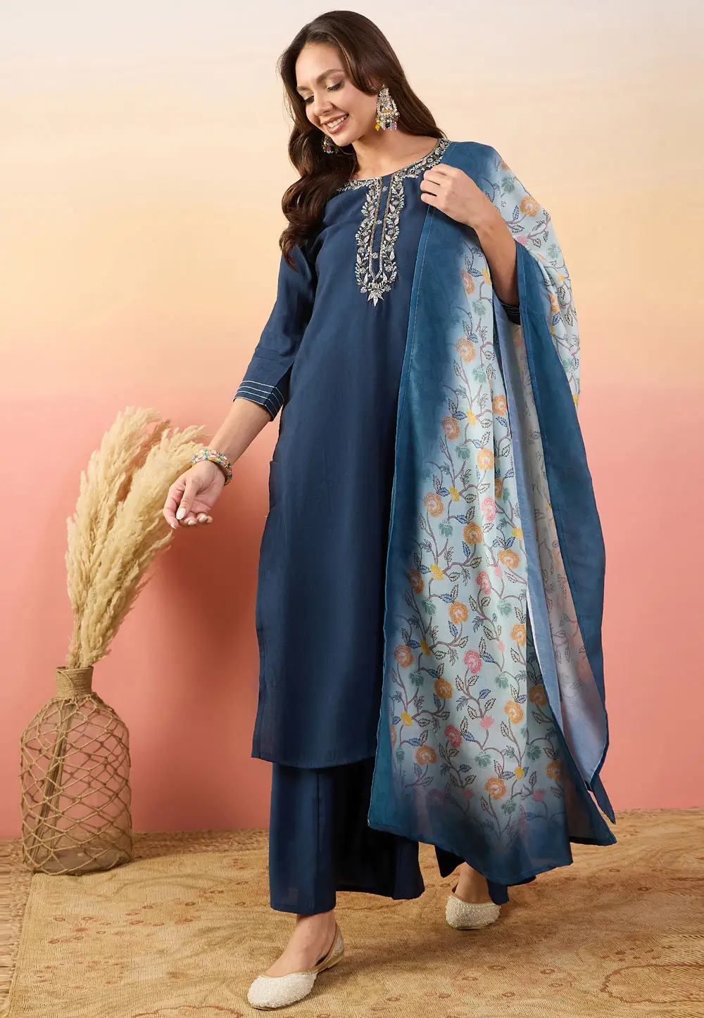 Navy Blue Silk Readymade Palazzo Suit 296558