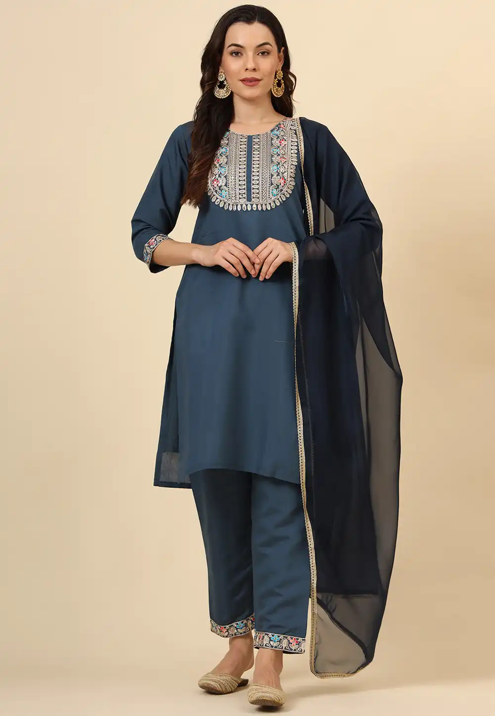 Navy Blue Silk Readymade Pant Style Suit 293447