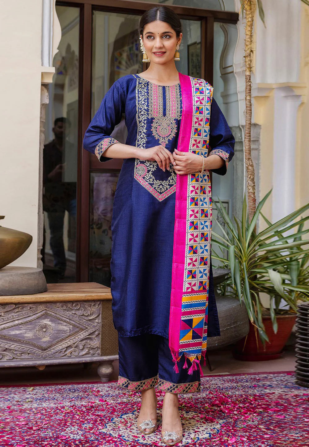 Navy Blue Silk Readymade Pant Style Suit 309174