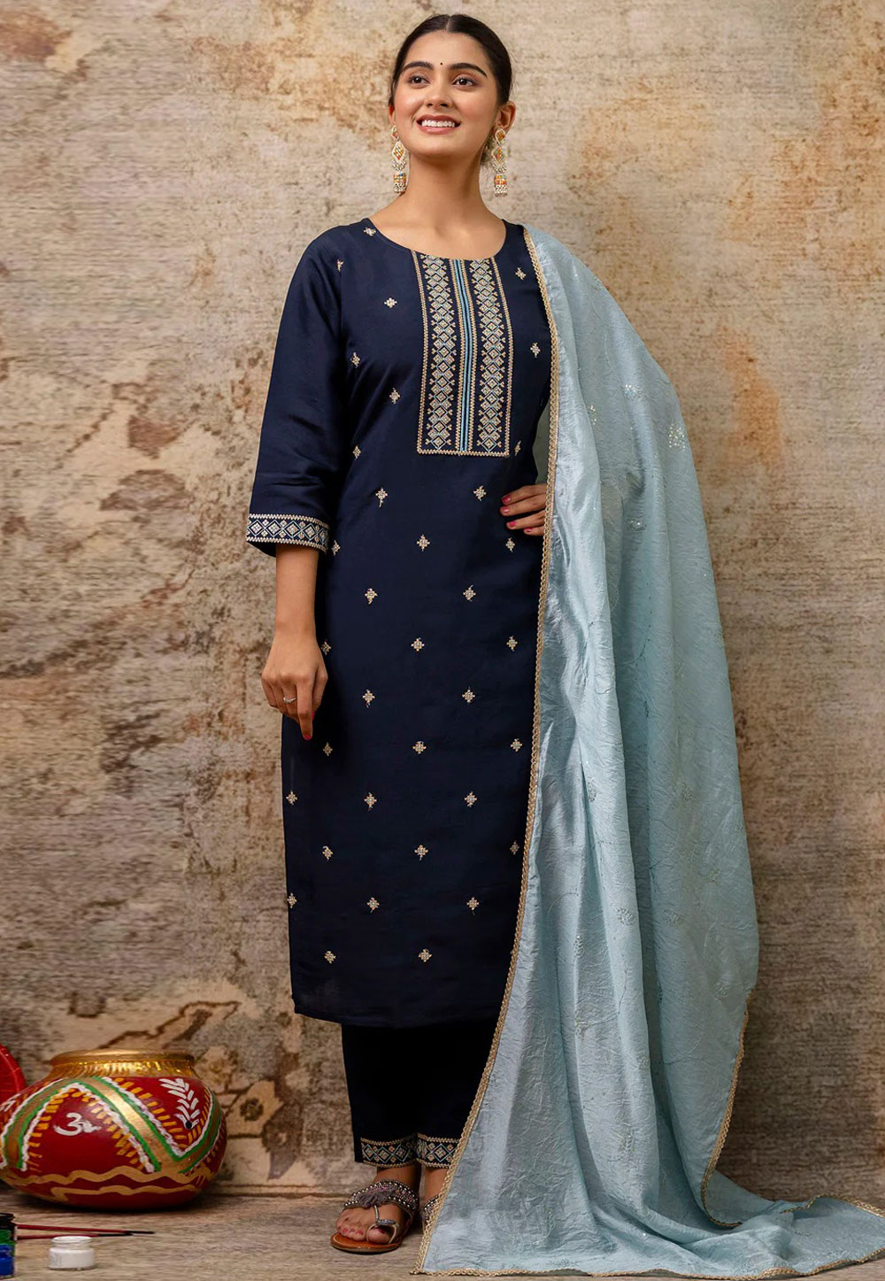 Navy Blue Silk Readymade Pant Style Suit 309264