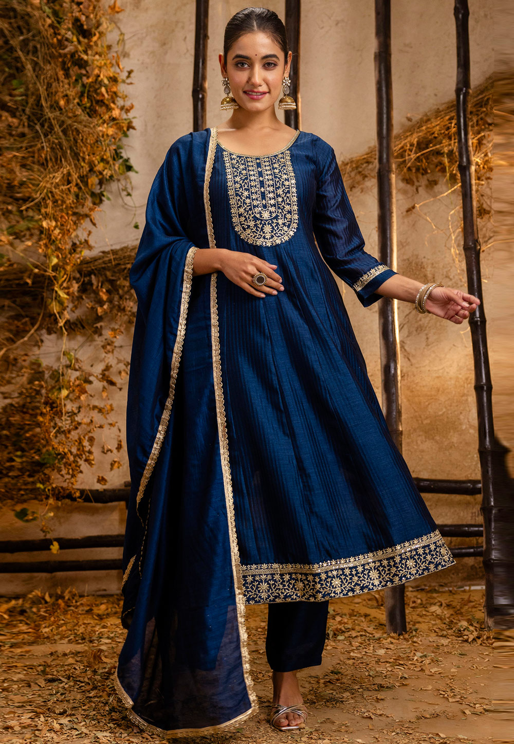 Navy Blue Silk Readymade Pant Style Suit 309555