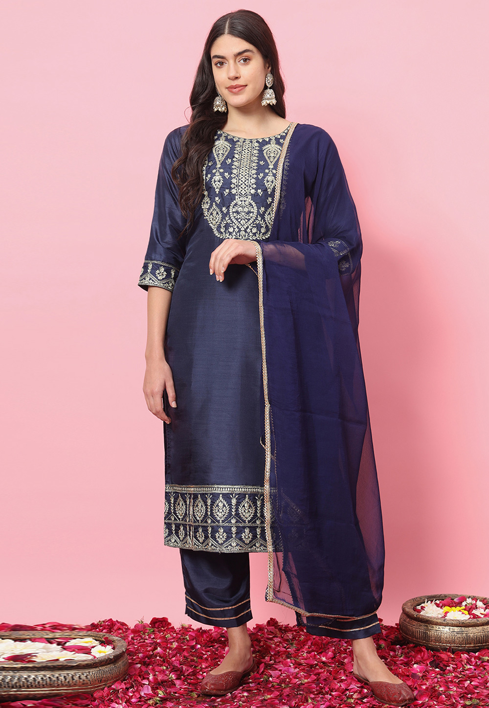 Navy Blue Silk Readymade Pant Style Suit 310861
