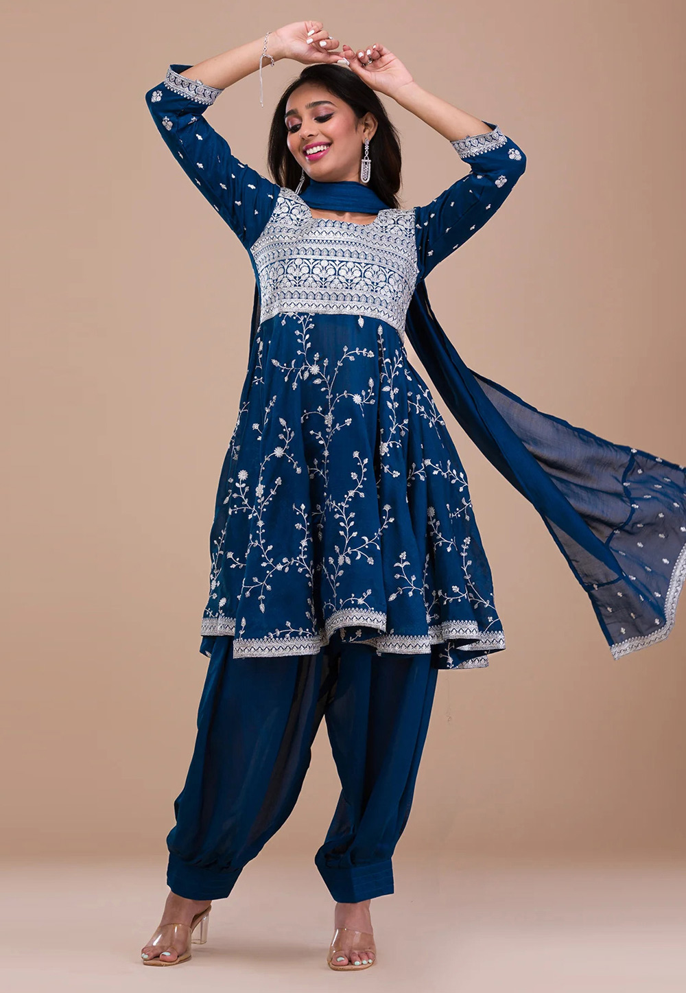 Navy Blue Silk Readymade Punjabi Suit 280224