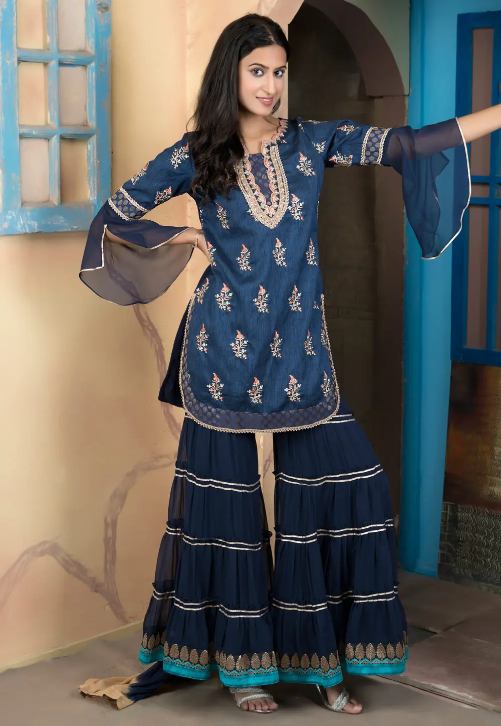 Navy Blue Silk Readymade Sharara Suit 299084