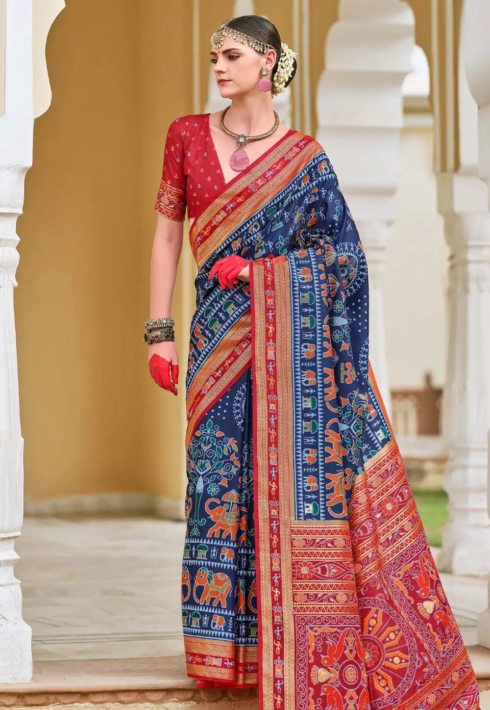 Navy Blue Silk Saree With Blouse 297748