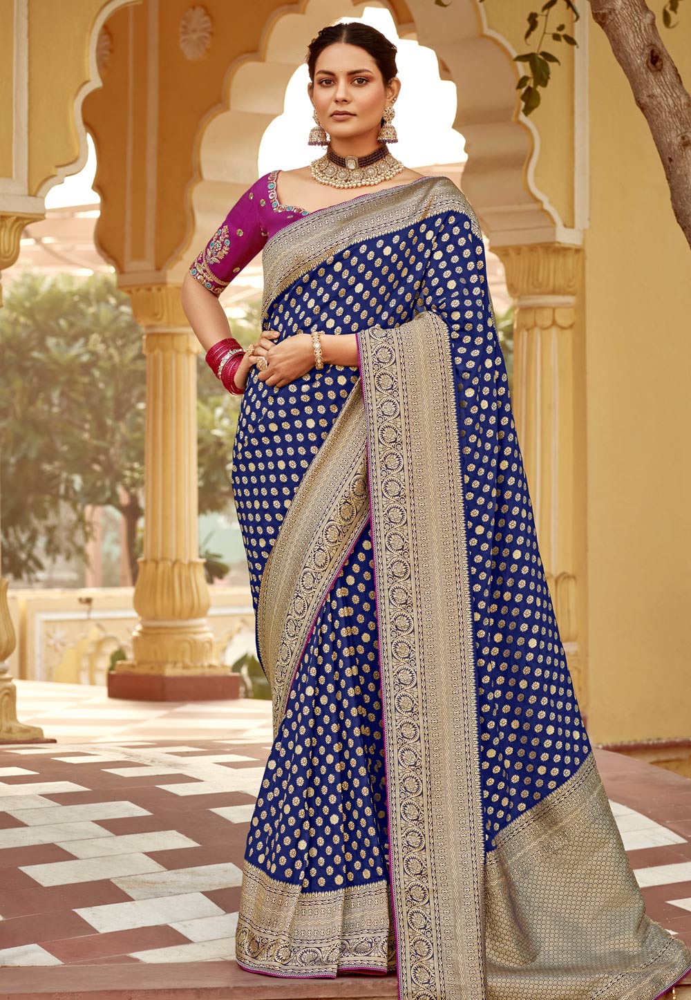 Navy Blue Silk Saree With Blouse 305825