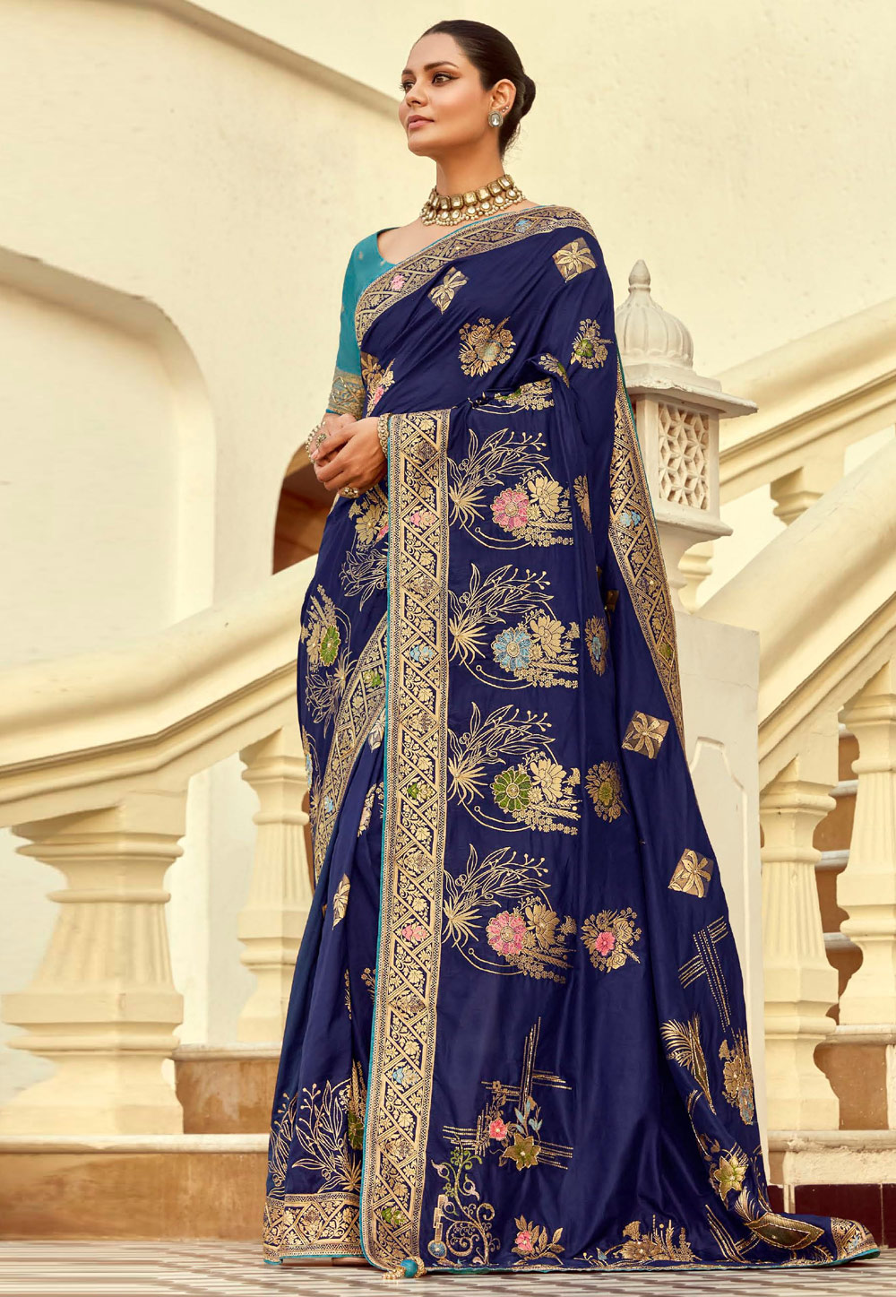 Navy Blue Silk Saree With Blouse 309106