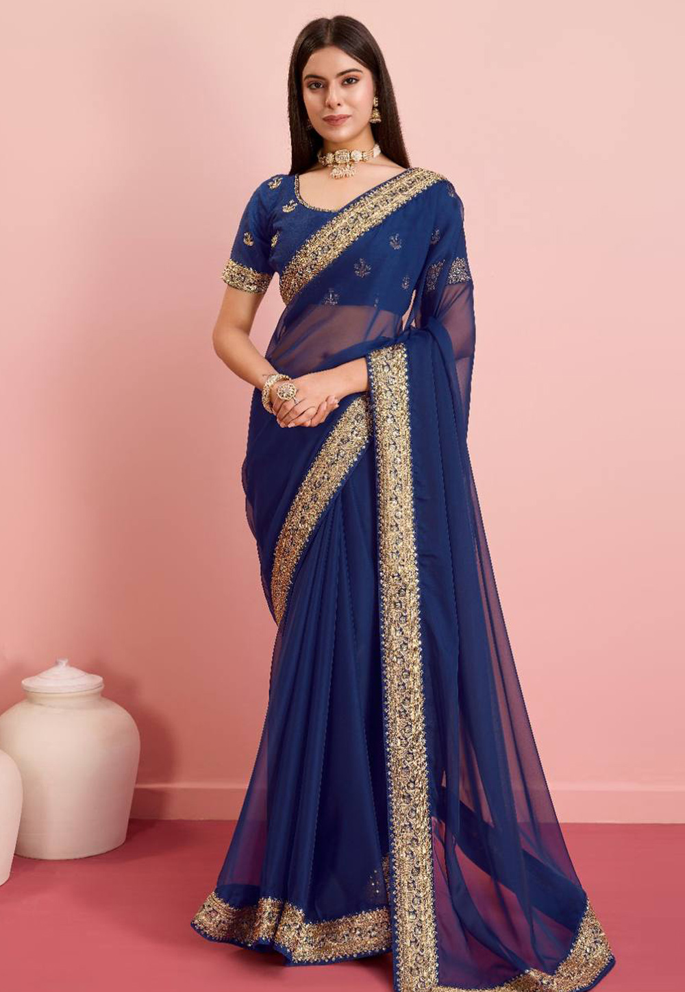 Navy Blue Silk Saree With Blouse 286309