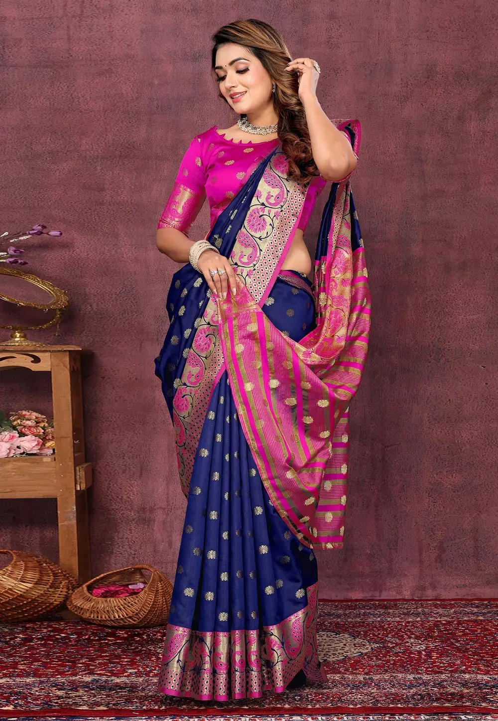 Navy Blue Silk Saree With Blouse 296200