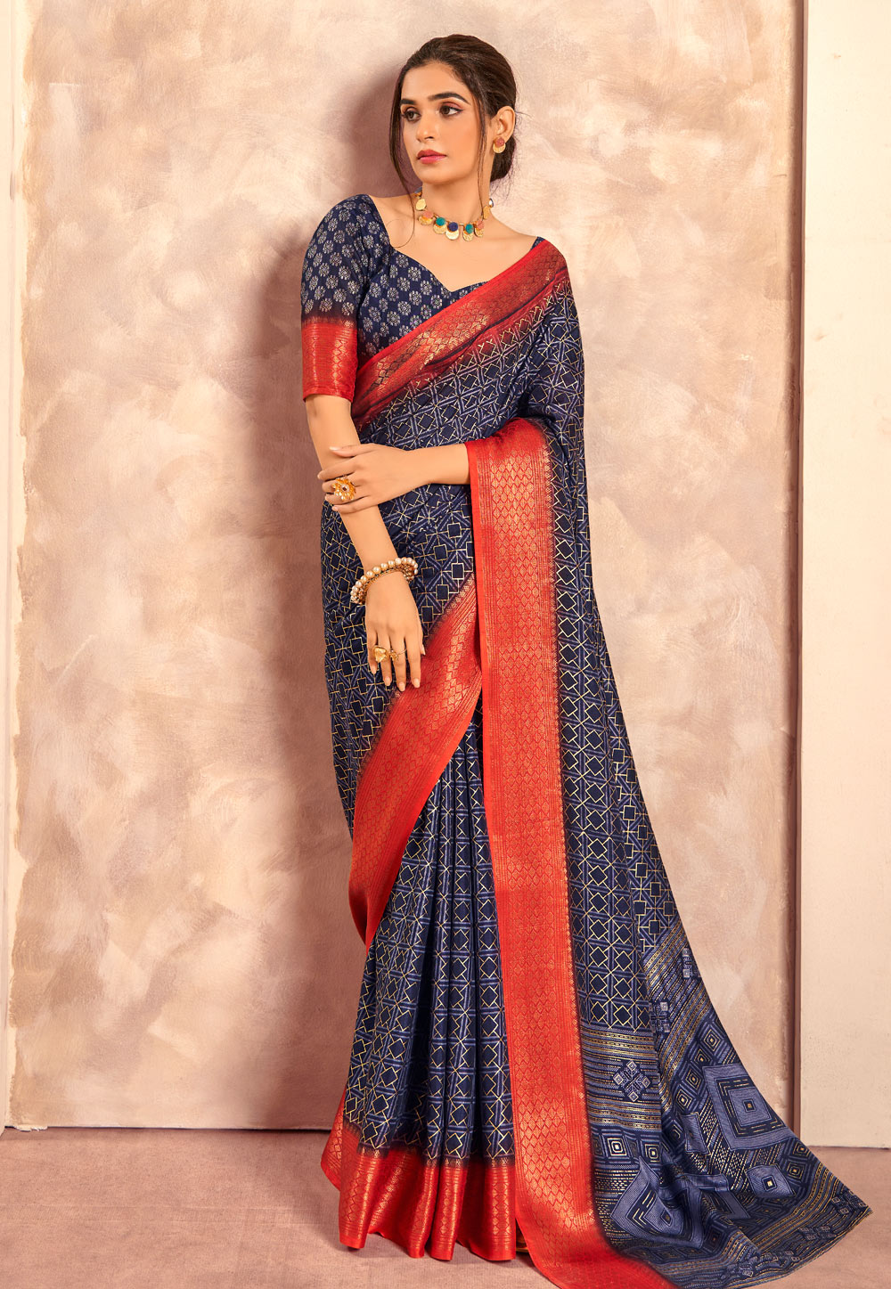 Navy Blue Silk Saree With Blouse 287033