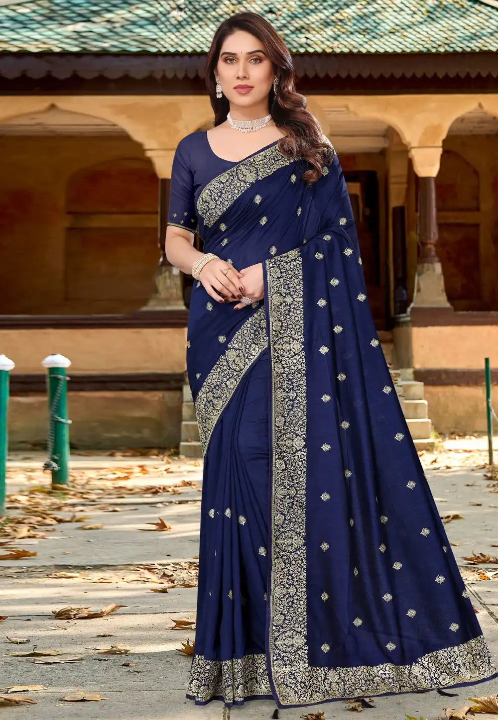 Navy Blue Silk Saree With Blouse 289485