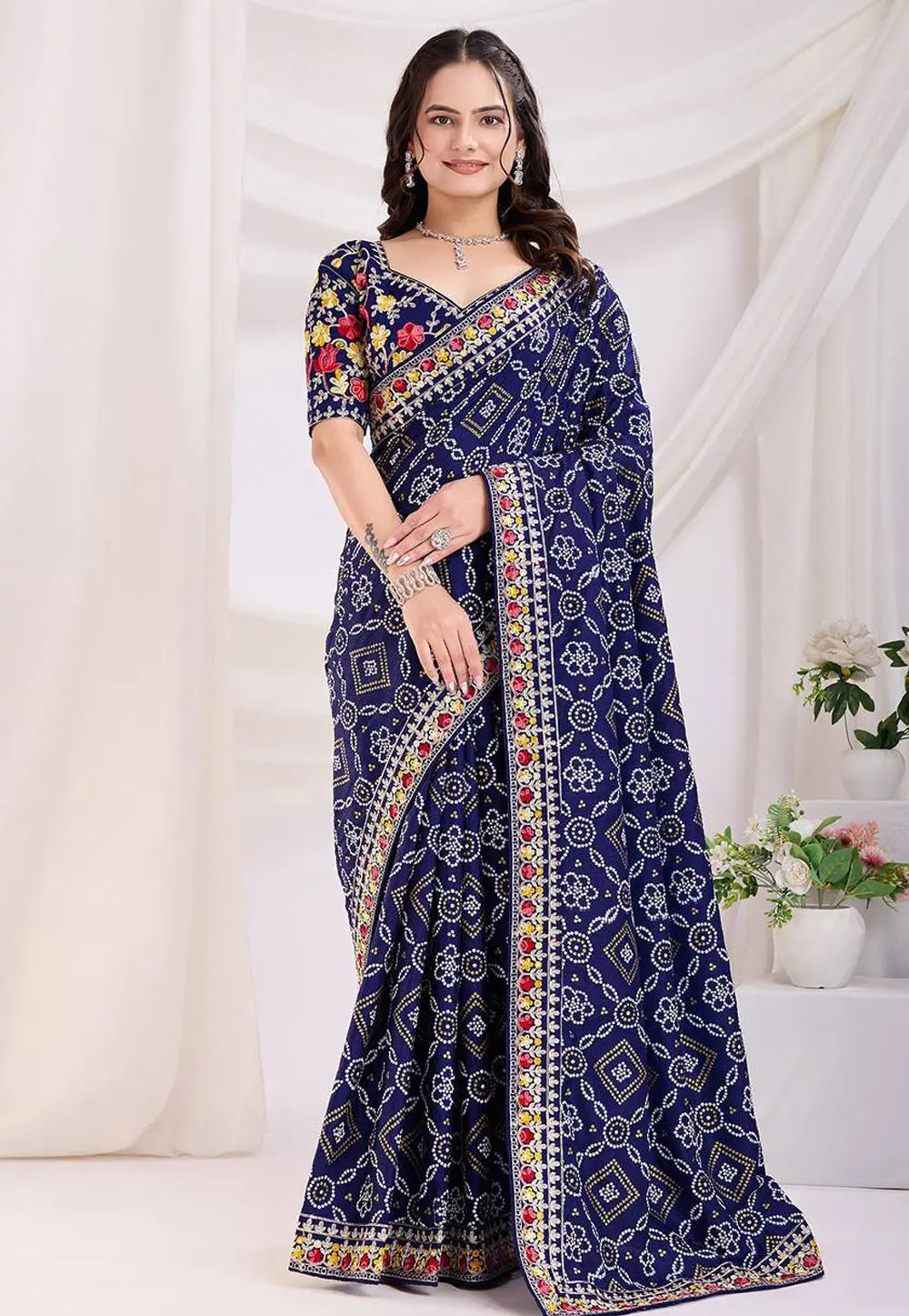 Navy Blue Silk Saree With Blouse 303272