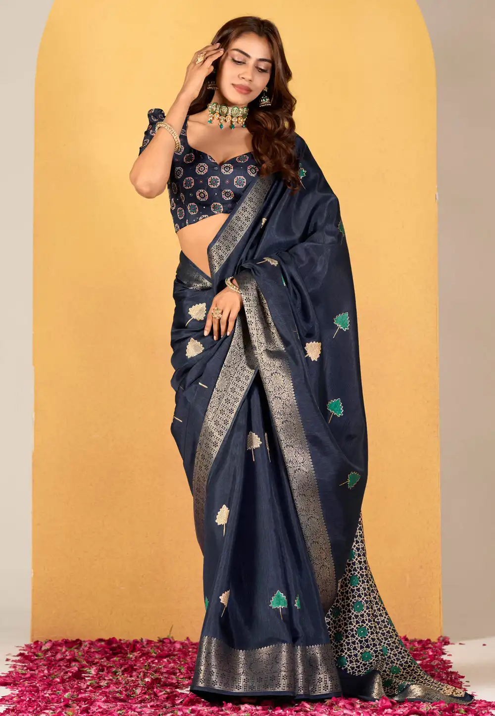 Navy Blue Silk Saree With Blouse 292721