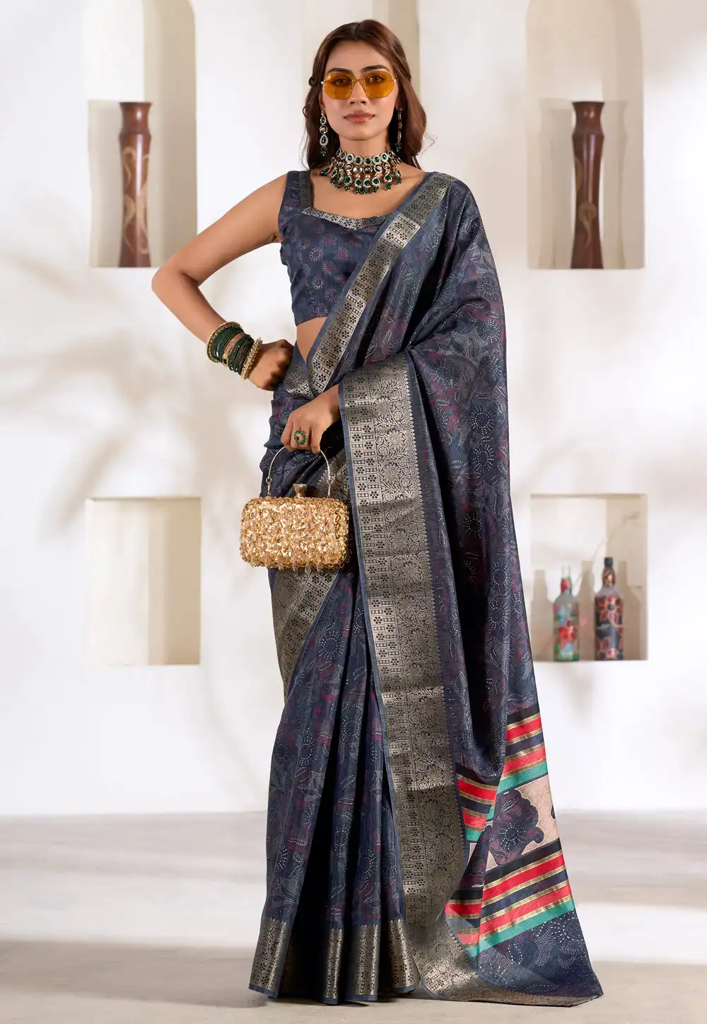 Navy Blue Silk Saree With Blouse 291053