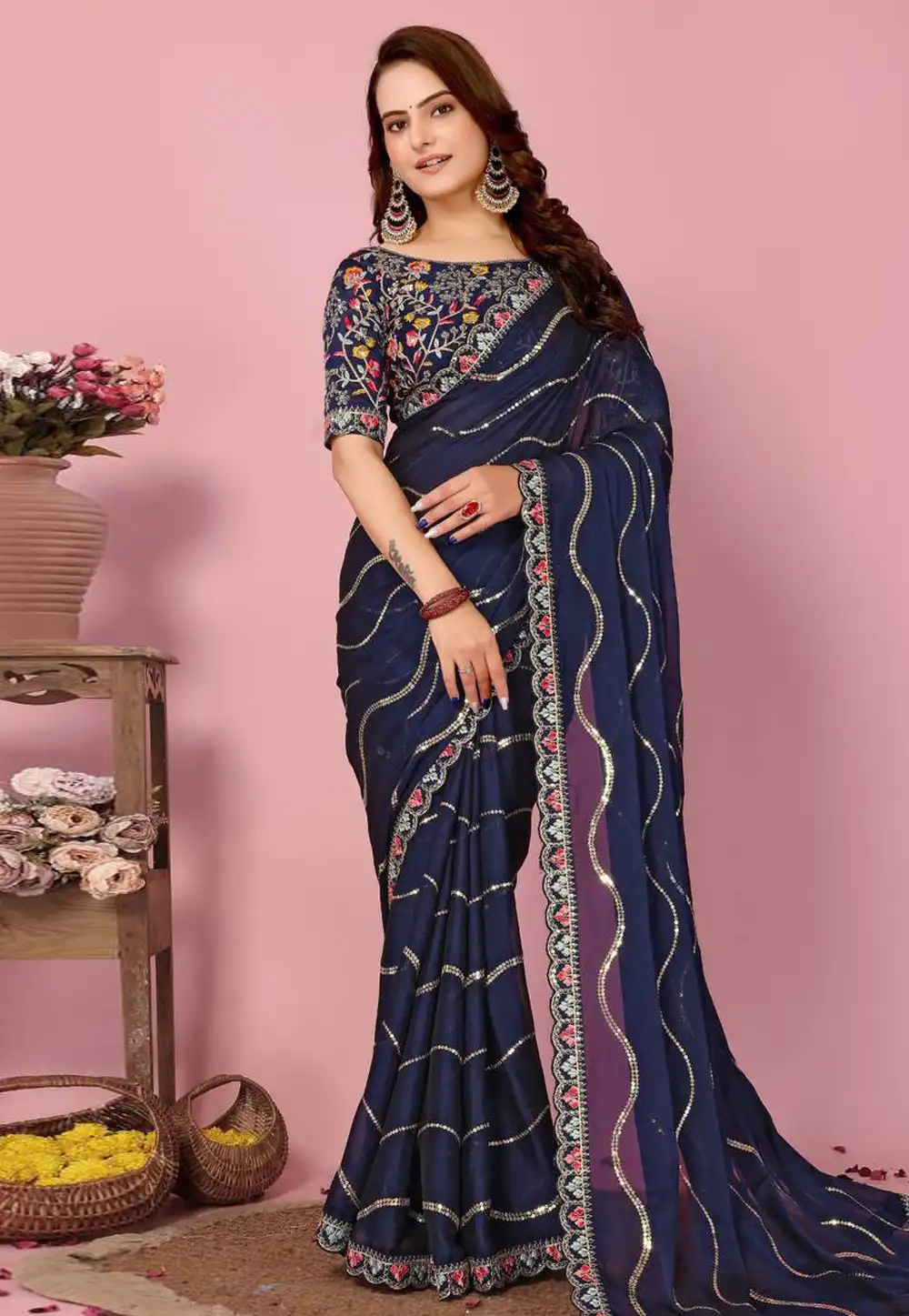 Navy Blue Silk Saree With Blouse 288902