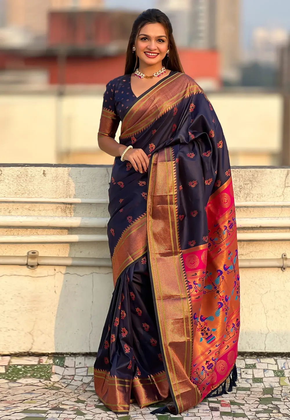 Navy Blue Silk Saree With Blouse 298817