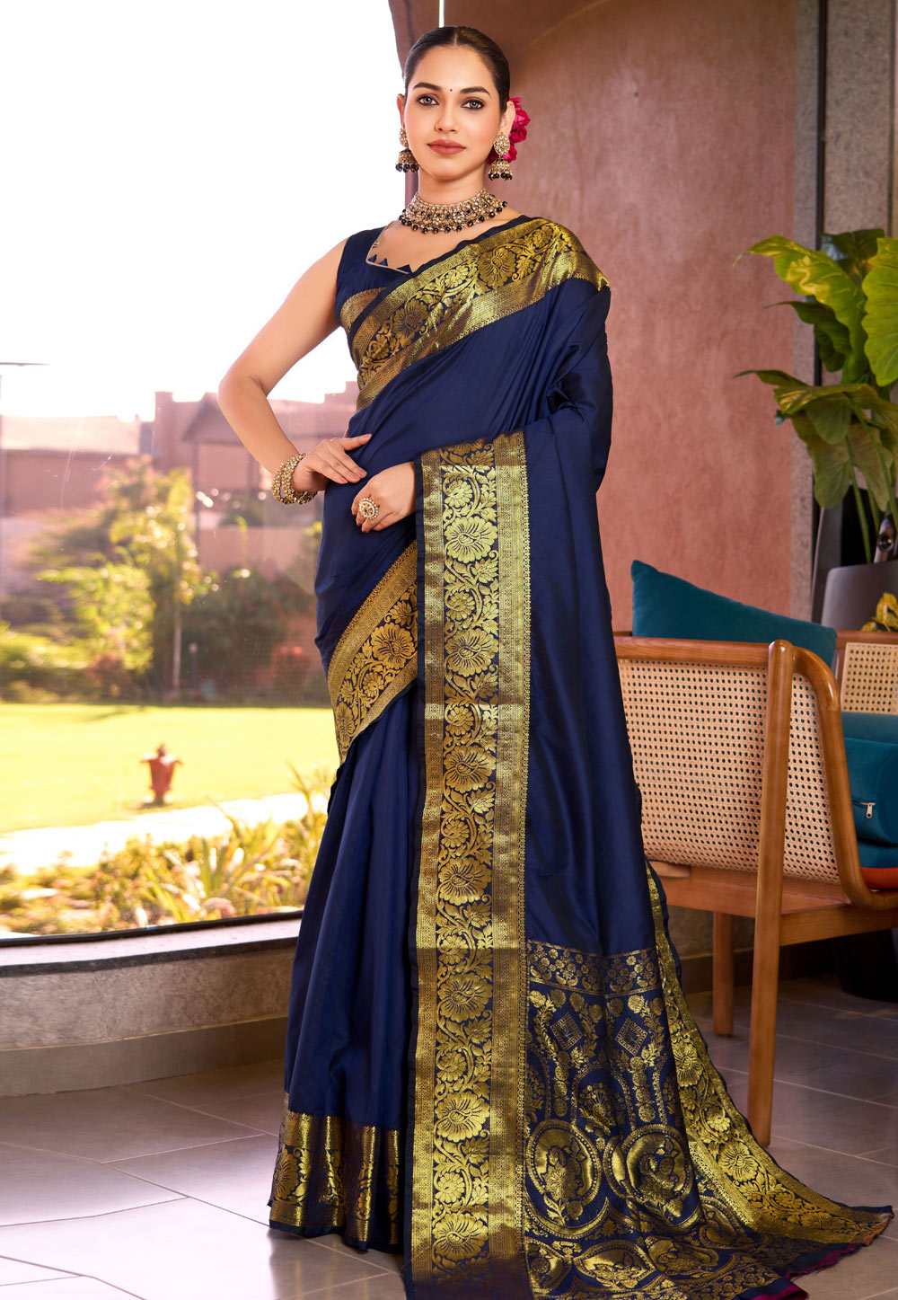 Navy Blue Silk Saree With Blouse 305609