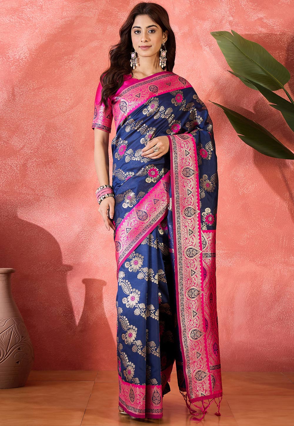 Navy Blue Silk Saree With Blouse 310692