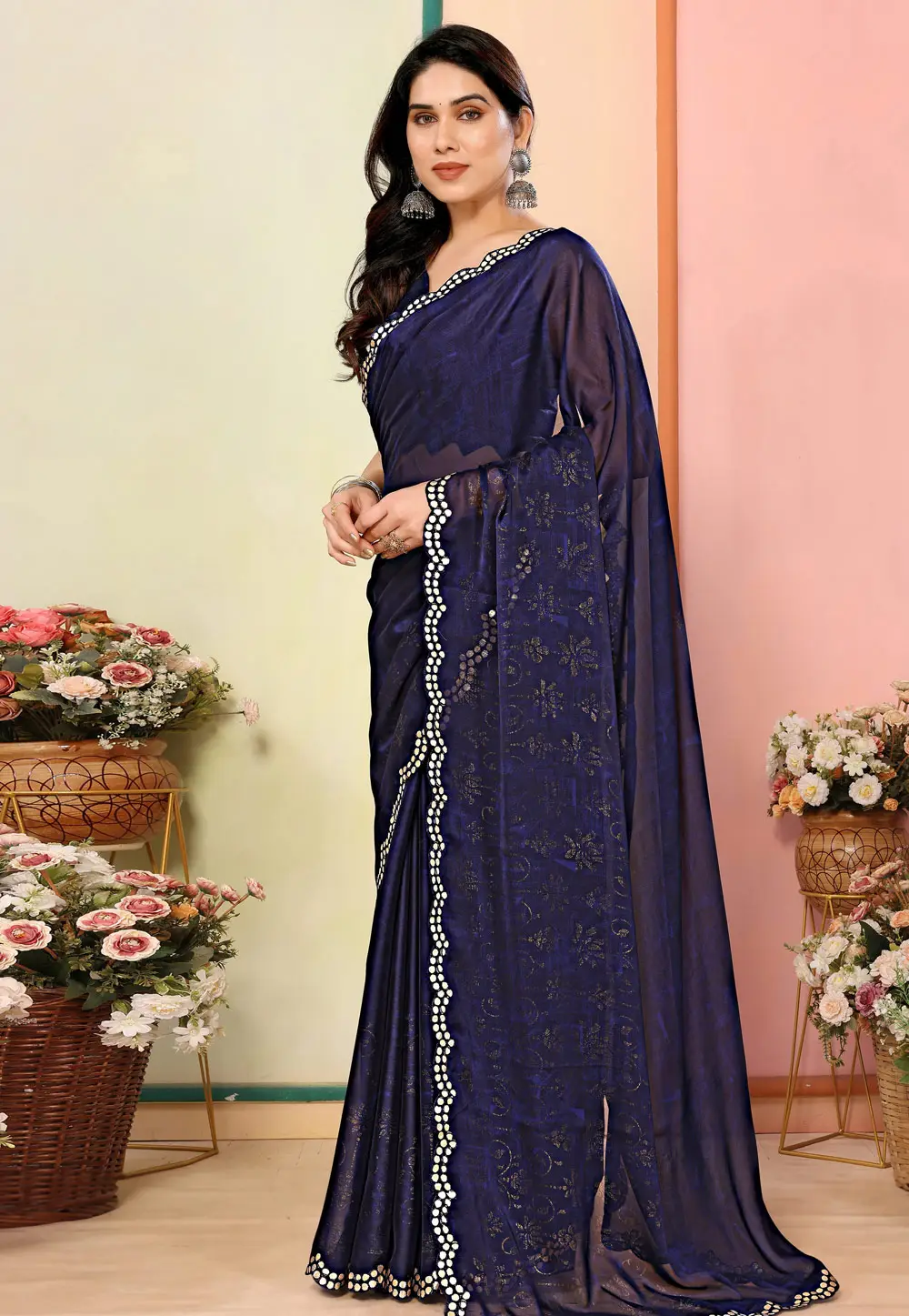 Navy Blue Silk Saree With Blouse 297230