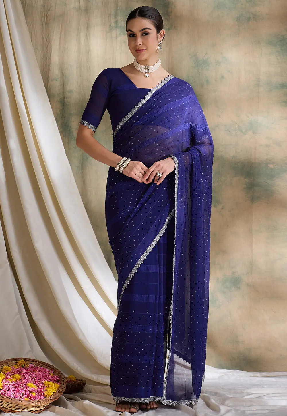 Navy Blue Silk Saree With Blouse 301533