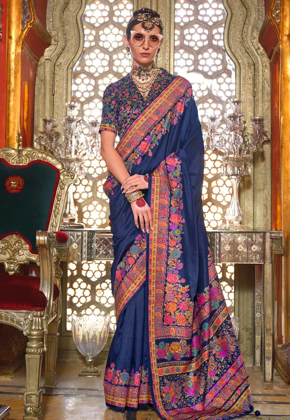 Navy Blue Silk Saree With Blouse 299269